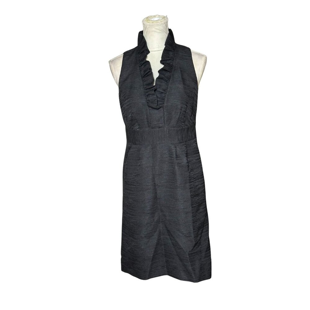 Ann Taylor Halter Dress Size 4 Ruffle Neck Black Textured Sleeveless Office Work